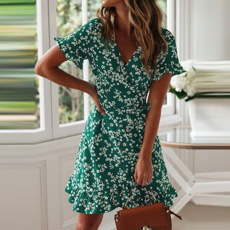 Vacation Floral Short Sleeved Waist Lace Up Ruffled One Piece Chiffon Dress Chiffon Dress Green - Shop at LoveMi