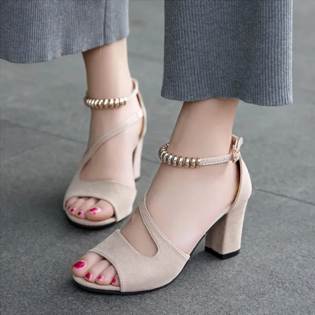 One Word Buckle Mid Heel Thick Heel High Heels Shoes Back Bag Heel Shoes White - Shop at LoveMi