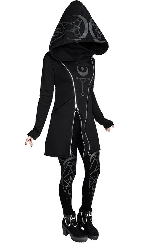 Punk Style Printed Long Sleeved Hooded Double Zipper Sweater Long Black - Shop at LoveMi