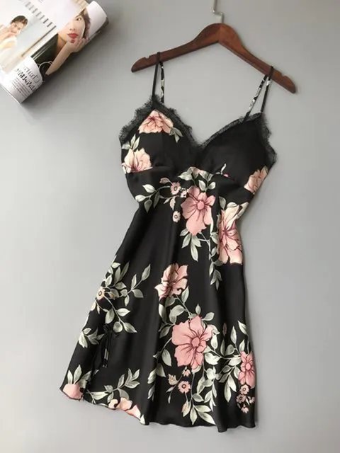 Robe Underwear women's night dress lace sleepwear Silk Satin Black - Shop at LoveMi