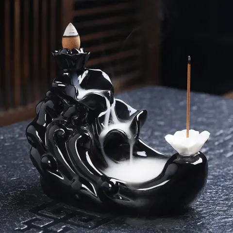 Backflow Incense Burner Sandalwood Aroma Diffuser Black Glaze Ceramic