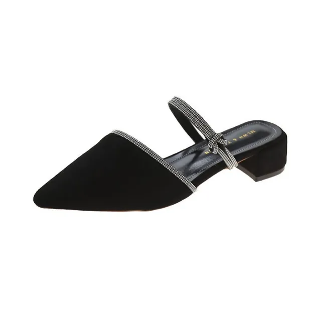 Rhinestone Thick Heel Pointed Toe Wear Semi Drag Mid heel Fashion Sandals Black - Shop at LoveMi