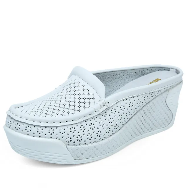 Waterproof Platform Half Drag Leather Hollow, Wedge Leather Sandals And Slippers White - Shop at LoveMi