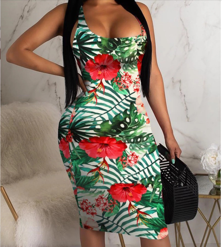 Fashion Ladies Women Summer Sleeveless Floral Boho Beach Casual Slim Fit Tight Dress Green - Shop at LoveMi