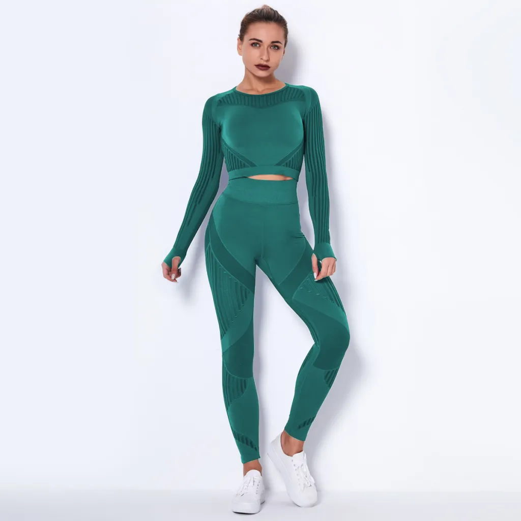 Seamless Knitted Absorbent Yoga Long-Sleeved Suit Yoga Wearsuit - Olive