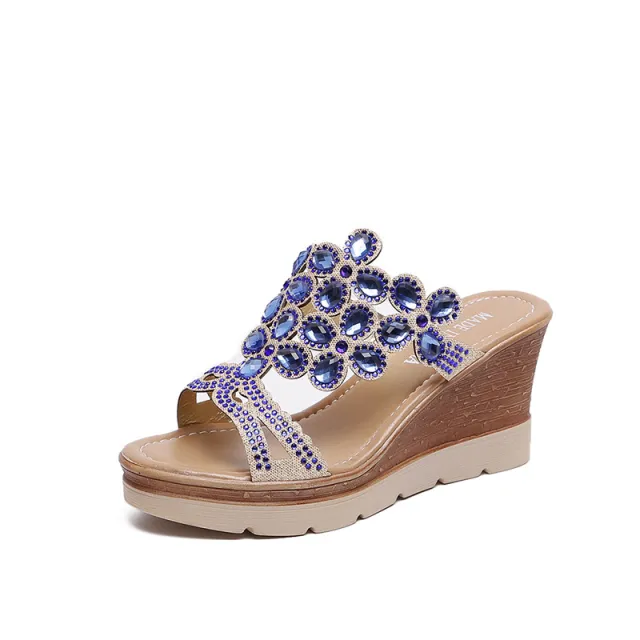 Rhinestone Platform Sandals And Slippers With Slope Heels Blue - Shop at LoveMi