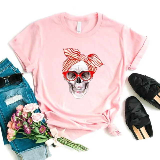 Skull Pattern Short Sleeved T Shirt Top Women Trendy Clothing Pink - Shop at LoveMi