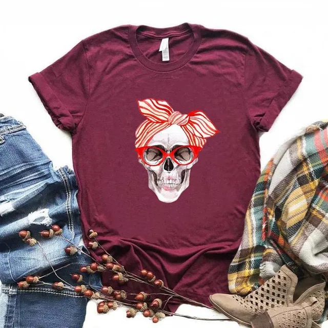 Skull Pattern Short-Sleeved T-Shirt Top Women Trendy Clothing - Wine
