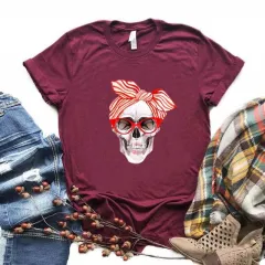 Skull Pattern Short-Sleeved T-Shirt Top Women Trendy Clothing - Wine - View 1
