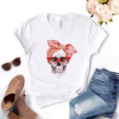 Skull Pattern Short-Sleeved T-Shirt Top Women Trendy Clothing - White - View 1