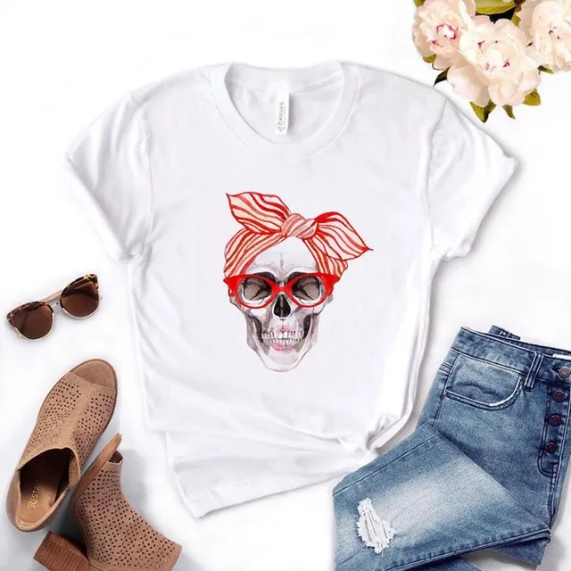Skull Pattern Short Sleeved T Shirt Top Women Trendy Clothing White - Shop at LoveMi