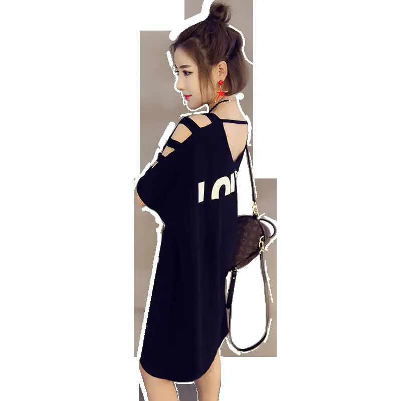 Cross-Border Foreign Trade Clothes, New Style Dresses, Female Shoulders, Korean Short-Sleeved Printed Women'S T-Shirts - Black