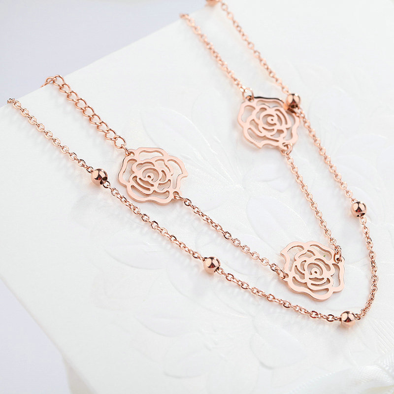 Sterling Silver Plated 18K Rose Gold Anklet Female Non-Fading Double-Layer Bells Girlfriend Foot Chain