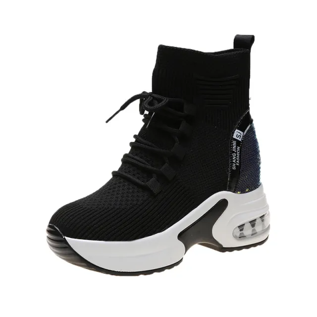 Internally Increased Thick Soled Martin Boots Stretch Socks Daddy Shoes Black - Shop at LoveMi