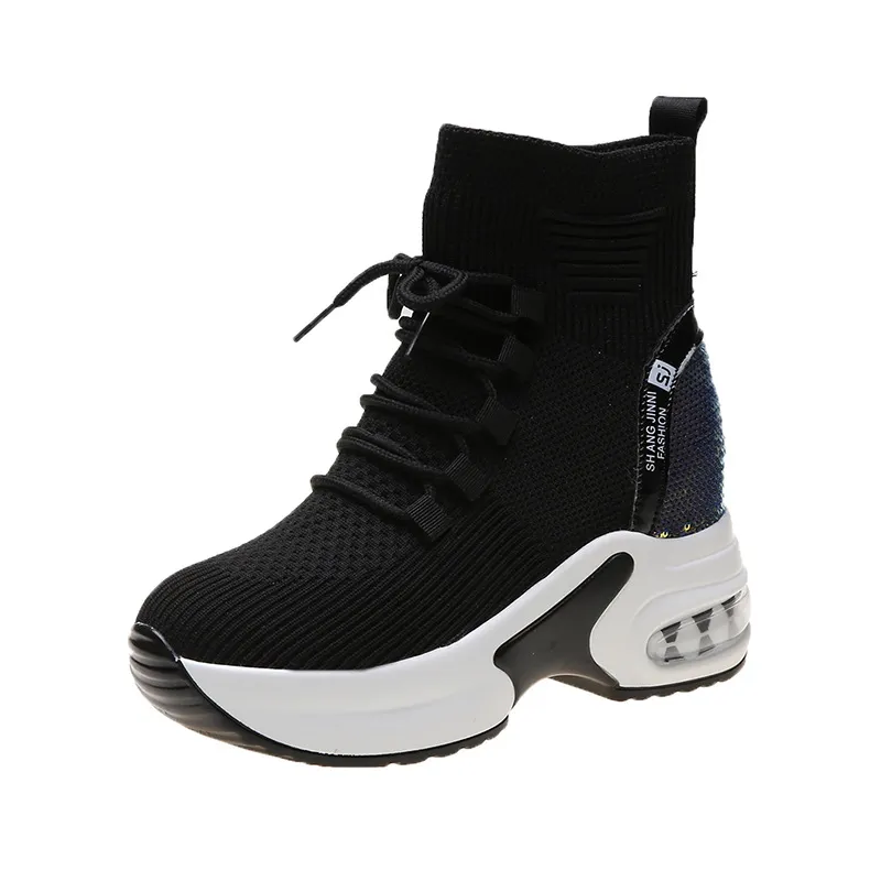 Internally Increased Thick-Soled Martin Boots Stretch Socks Daddy Shoes - Black
