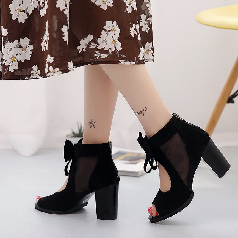 Thick-Heeled Bow-Knot Sandals Roman Wind Mesh Gauze Hollow High-Heeled Women'S Shoes