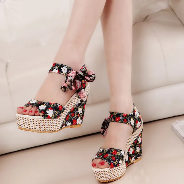 Floral Bowknot Design Wedge Sandals Black - Shop at LoveMi