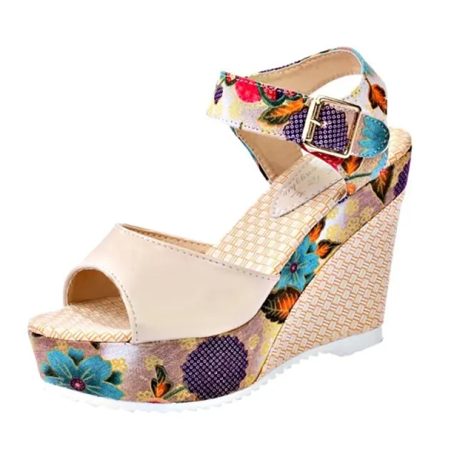 Wedge Sandals Female Floral Bowknot Platform High Heel Beige - Shop at LoveMi