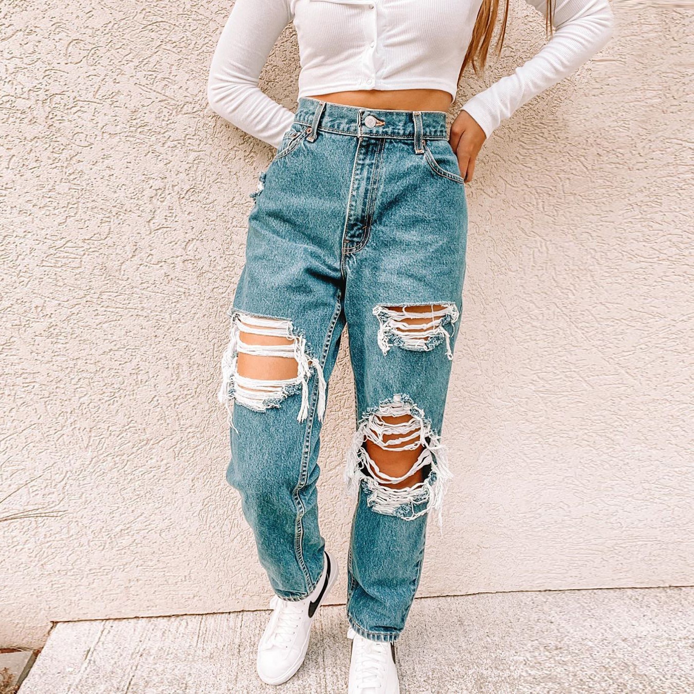 Summer Women's Ripped Fashion Casual Denim Trousers Women's Trousers Blue - Shop at LoveMi