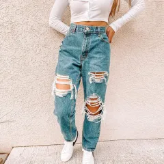 Summer Women's Ripped Fashion Casual Denim Trousers Women's Trousers - Blue - View 1