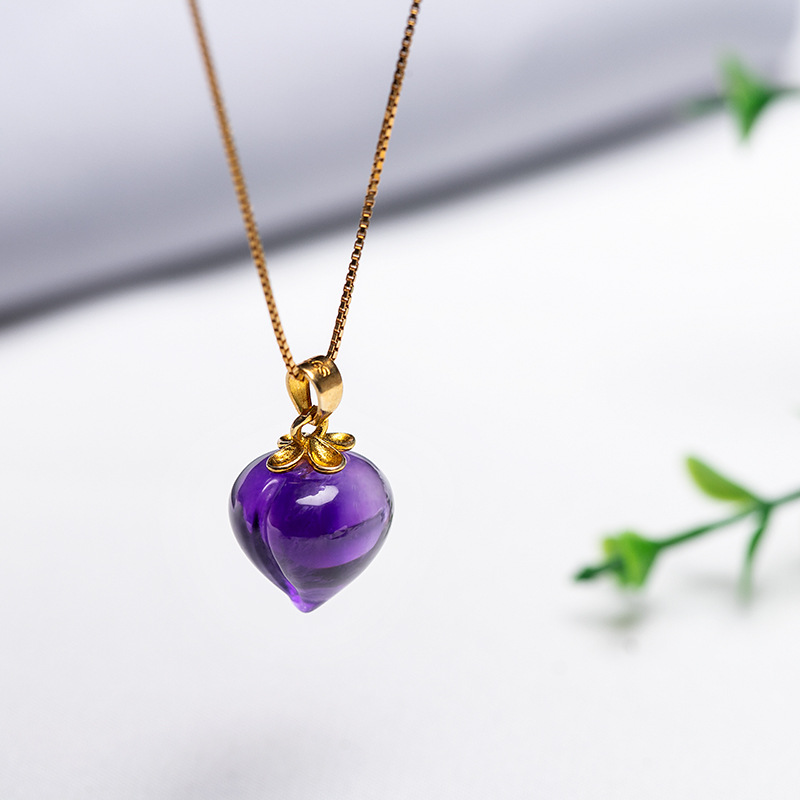 Natural Amethyst Peach Shape Pendant Necklace Female 925 Silver Crystal Pendant