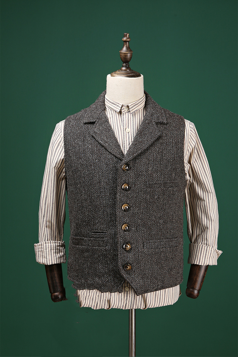 New Men'S Khaki Heavy Wool Herringbone Suit Vest