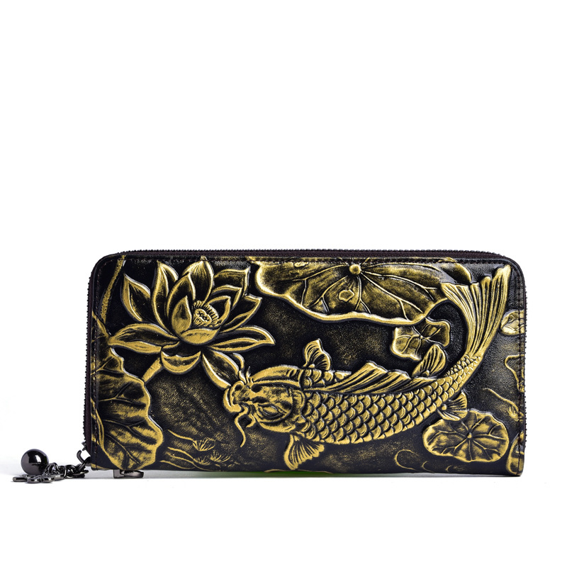 New Cowhide Wallet Women's Leather Vintage Embossed Purses Fish