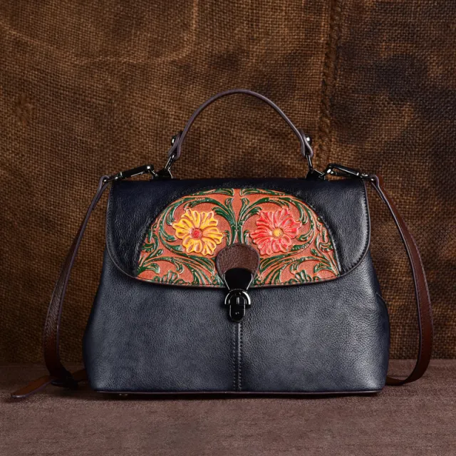 Embossed Retro Hand Rub Color Portable Diagonal Handbag Black - Shop at LoveMi