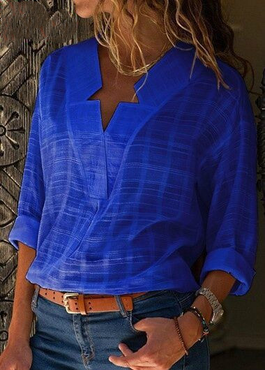 New Women's Casual Shirt Women's V Neck Long Sleeved Solid Color Blouse