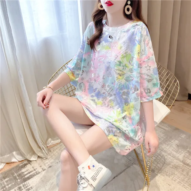 Mid Length Cotton T Shirt Dress New Korean Version Loose Large Size Women'S Short Sleeved T Shirt Female Top Blue - Shop at LoveMi