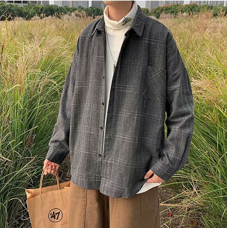 Men's New Long Sleeved Plaid Shirt Men's Tooling Jacket