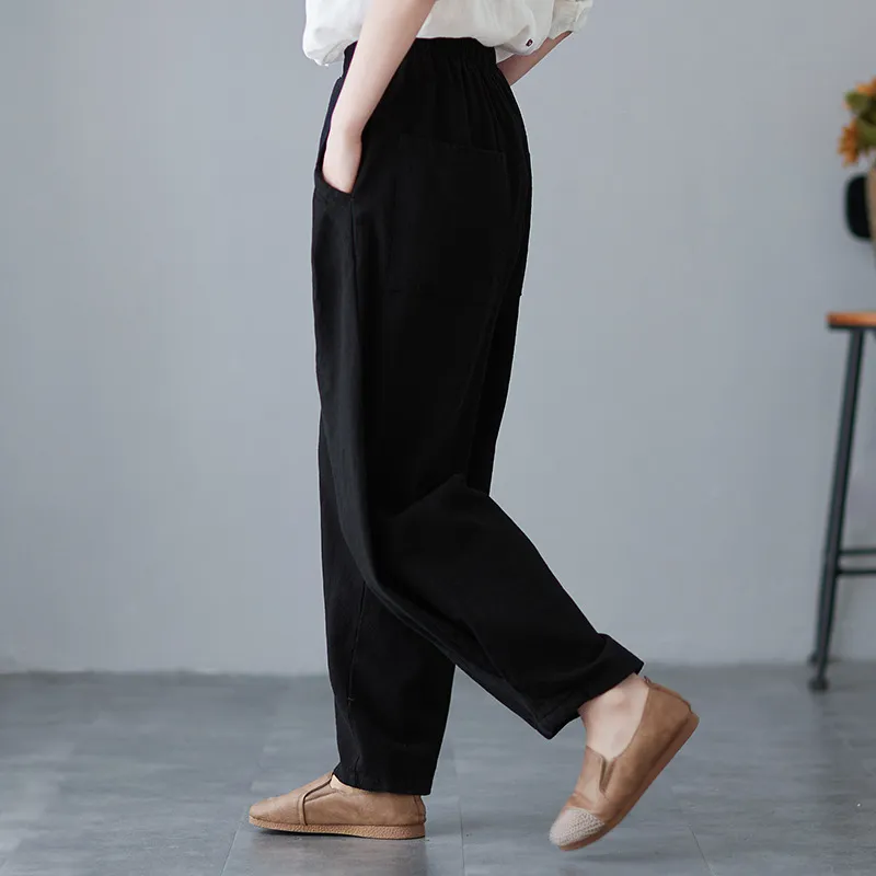 Women's Solid Colour Slimming Elastic Waist Casual Pants - Black