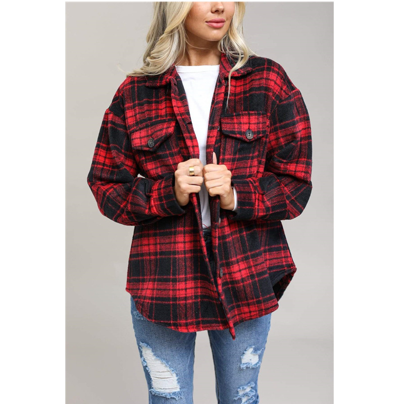Women's Loose Lapel Woolen Plaid Shirt Jacket