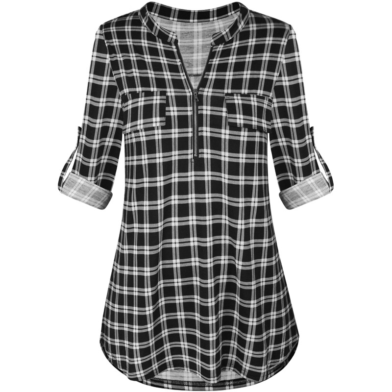 Checked Curled Zipper Long-sleeved Top