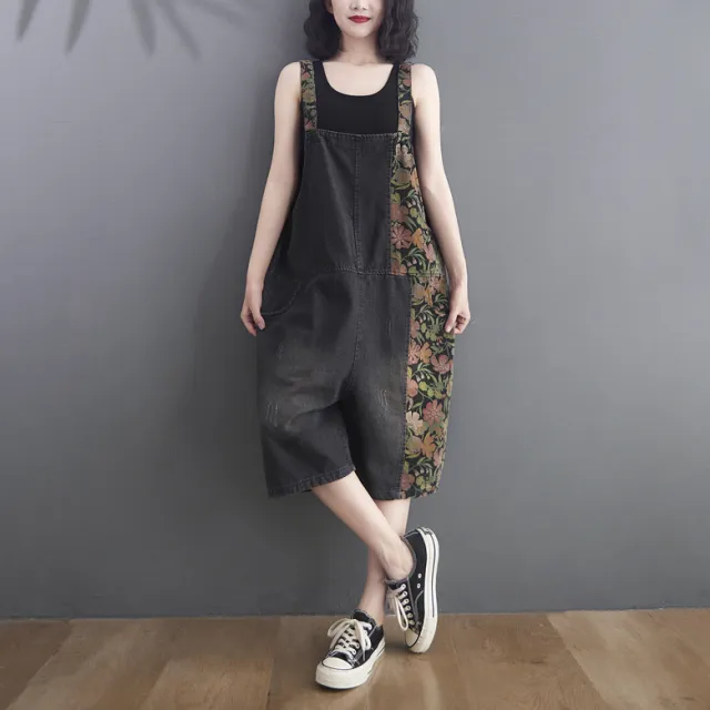 Printed Retro Loose Wide leg Denim Jumpsuit Black - Shop at LoveMi