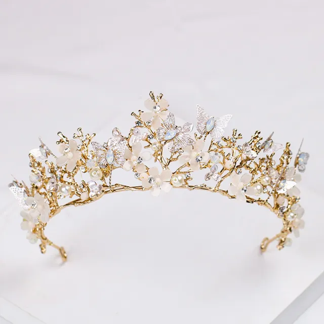 Butterfly Flower Headgear Baroque Crown Headband Golden Wedding Accessories Crystal Crown Golden - Shop at LoveMi