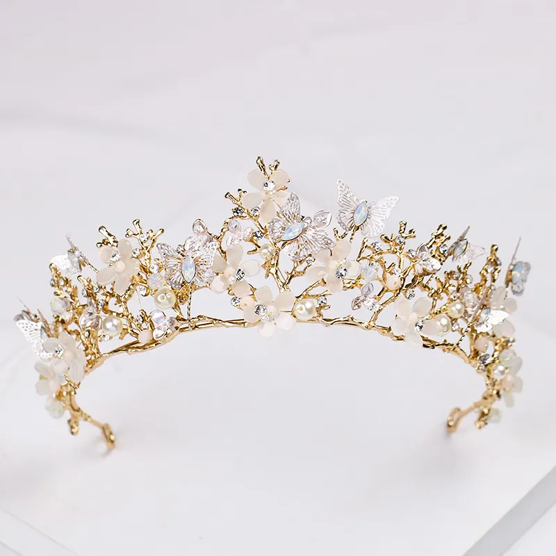 Butterfly Flower Headgear Baroque Crown Headband Golden Wedding Accessories Crystal Crown - Golden