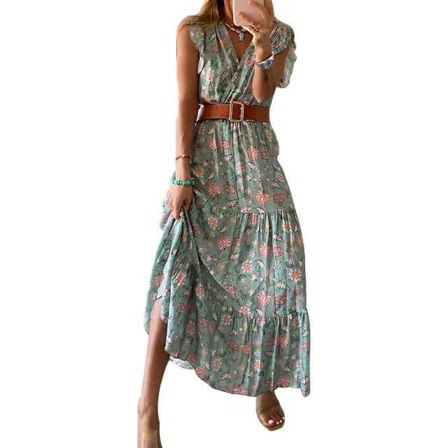 V Neck Print Dress With Skirt Green - Shop at LoveMi