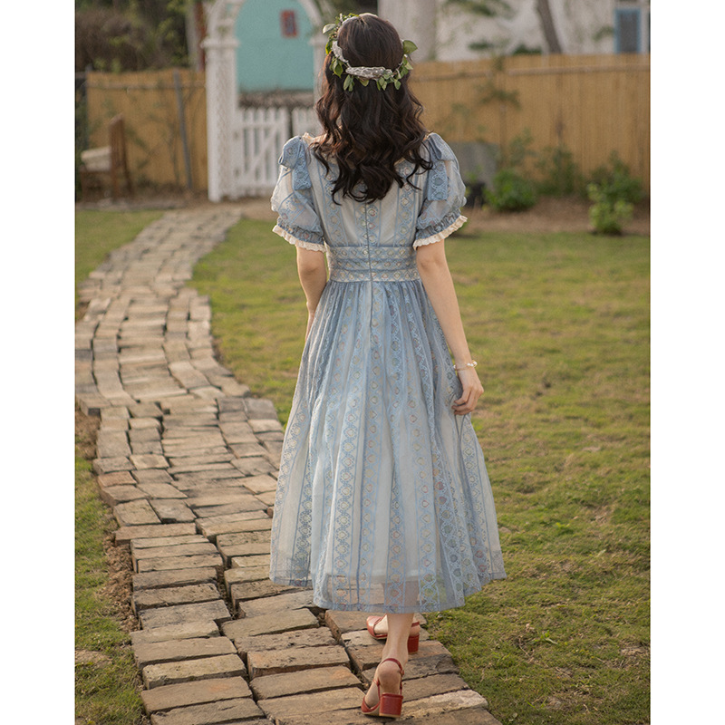 Vintage Blue Strapless Lace High Waist Dress