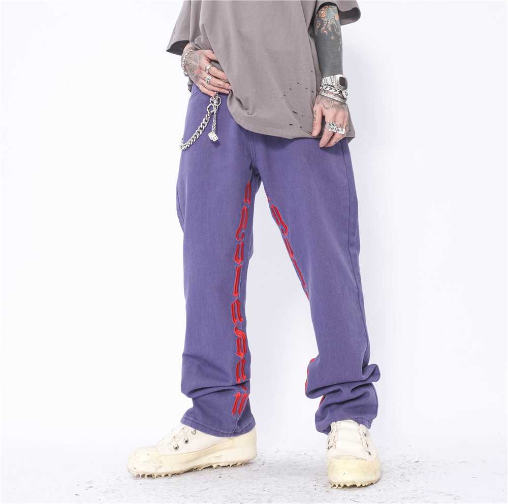 Letter Embroidery Jeans Men'S European And American Hip-Hop Loose Straight Street Trend Casual
