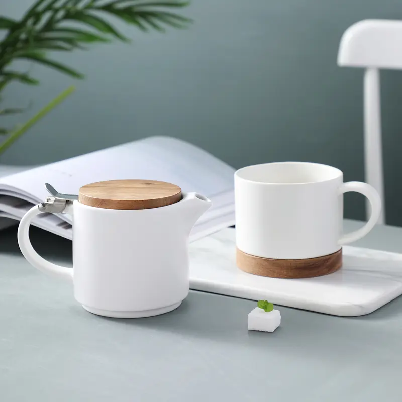 Nordic Wooden Lid Small Teapot Teacup Ceramic Flower Teapot Set