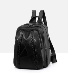 Woven Ladies Backpack Korean Style All-Match Trend Soft Leather - Black - View 1