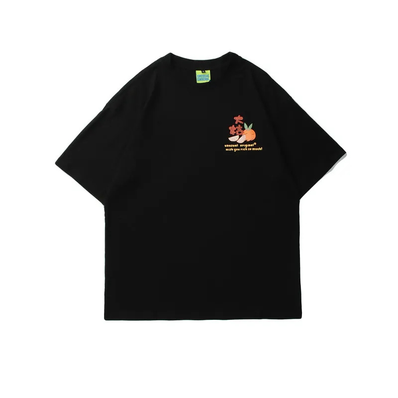 Wukong Has Stock Street Fun Printing Short-Sleeved T-Shirt Men'S Tide Brand Ins Harajuku Style Loose Casual All-Match T-Shirt - Black
