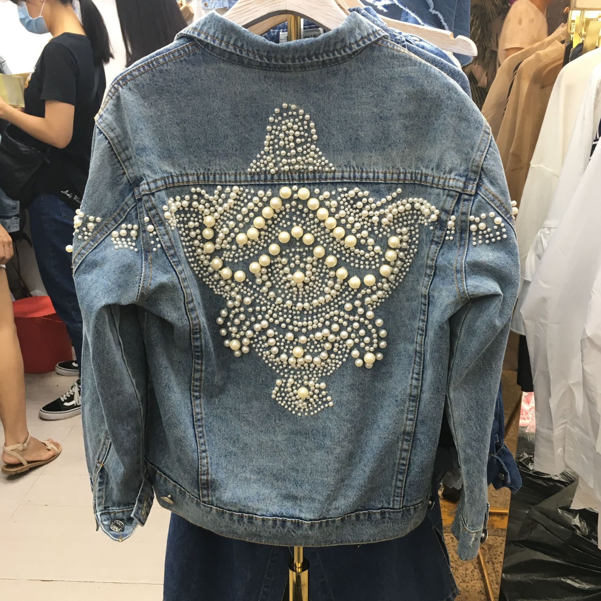 Beaded Denim Jacket Korean Loose Pearl Embroidery European Station Short Top Jacket Female Trend Light Blue - Shop at LoveMi