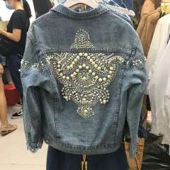 Beaded Denim Jacket Korean Loose Pearl Embroidery European Station Short Top Jacket Female Trend - Light Blue - View 1