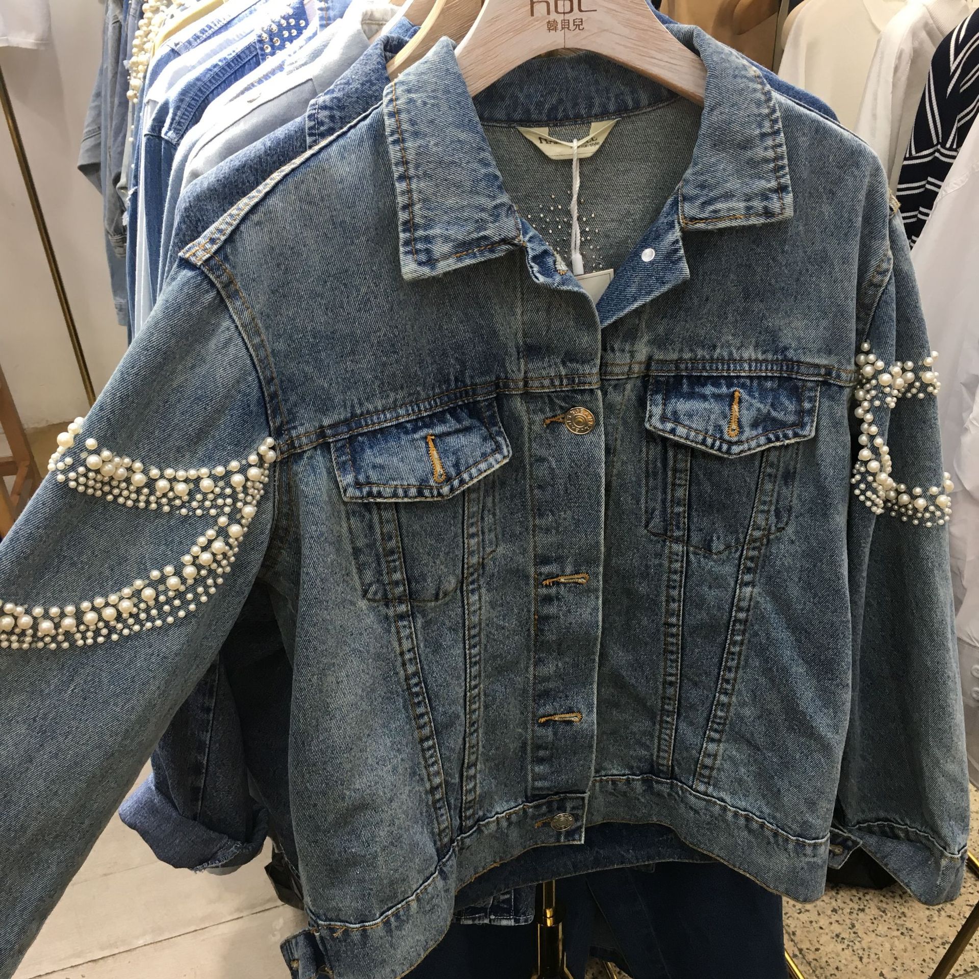 Beaded Denim Jacket Korean Loose Pearl Embroidery European Station Short Top Jacket Female Trend