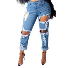 Female Spring Europe And The United States Sexy Fashion Big Broken Hole Elastic - Blue - View 1