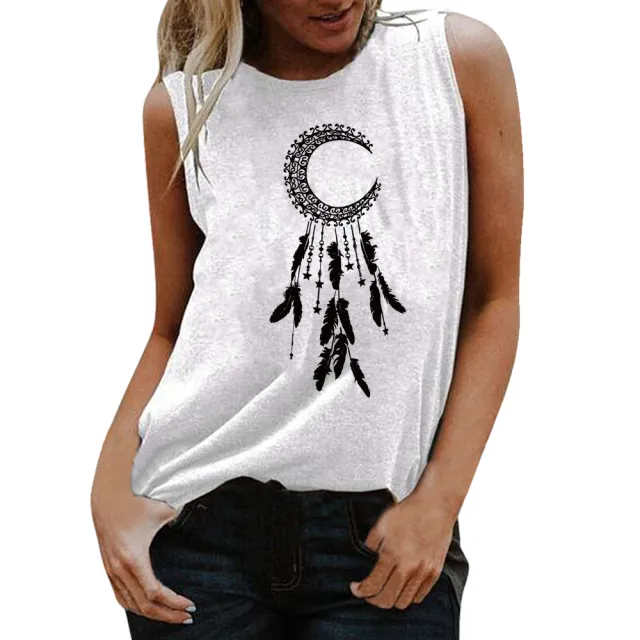 New Sleeveless Vest With Upside Down Feather Print White - Shop at LoveMi