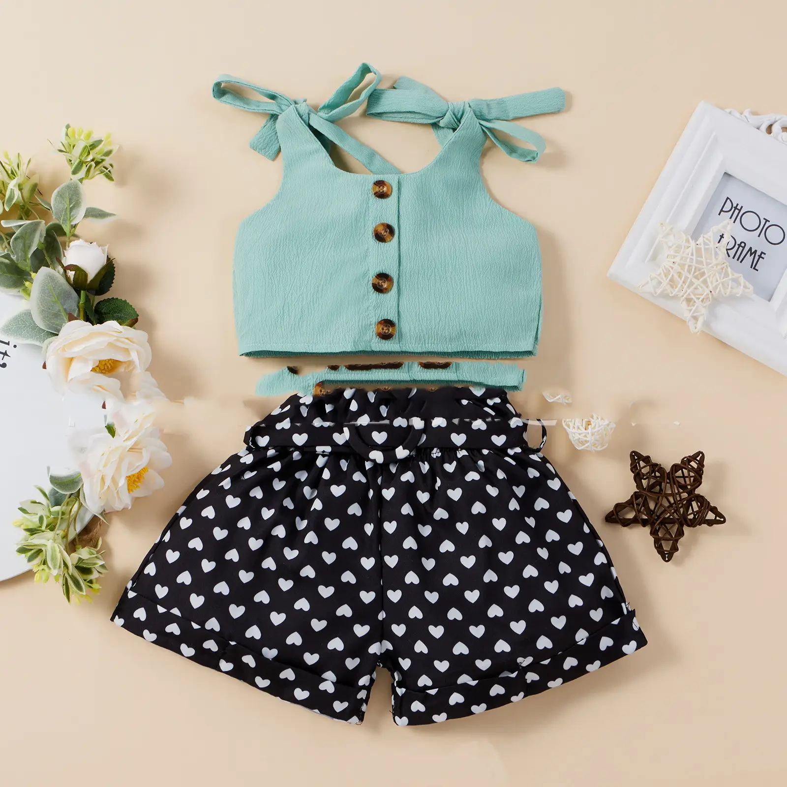 Amazon Hot Style Solid Color Top  Love Shorts Two-Piece Suit