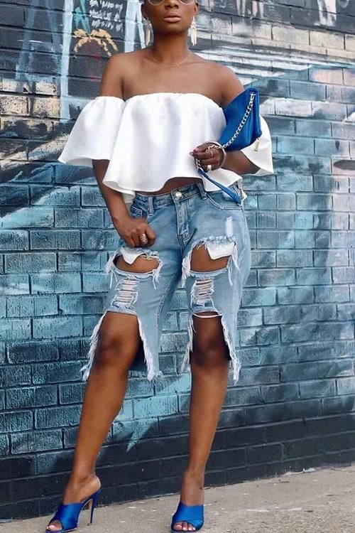Ripped Denim Shorts Loose Straight Denim Five quarter Pants Light Color - Shop at LoveMi